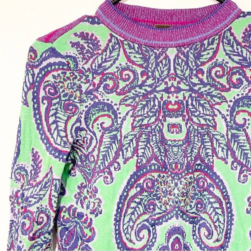 Free People Size XS Purple Green Printed New‎ Age Cropped Sweater